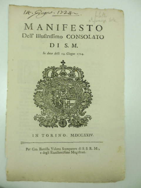 Manifesto dell'illustrissimo consolato di S. M. in data delli 14 Giugno 1724